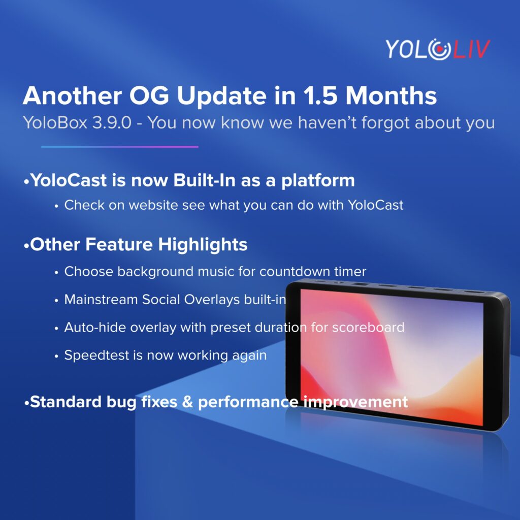 What's New in YoloBox  YoloCast Destination, Background Music for  Countdown Timer, New Social Overlays & Graphic Auto-Hide -