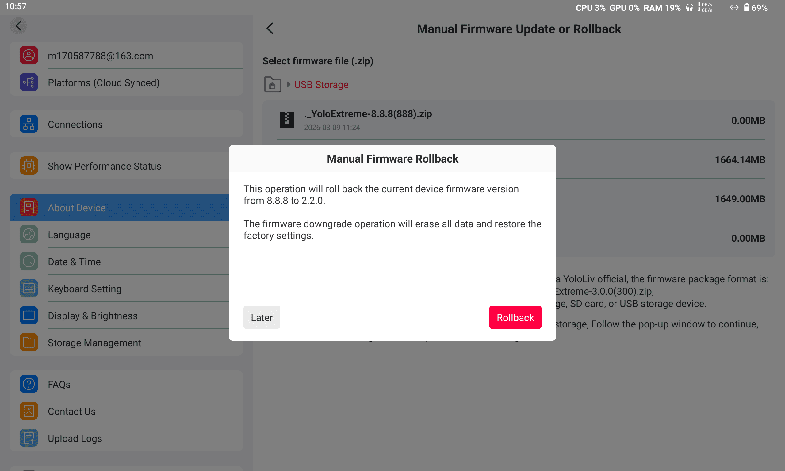 Manual Firmware Rollback dialog
